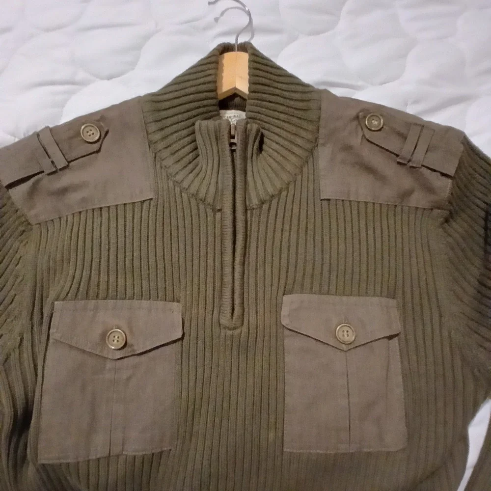 American Rag Mens Olive Green Military Quarter Zip Ribbed Cotton Sweater‎ Large